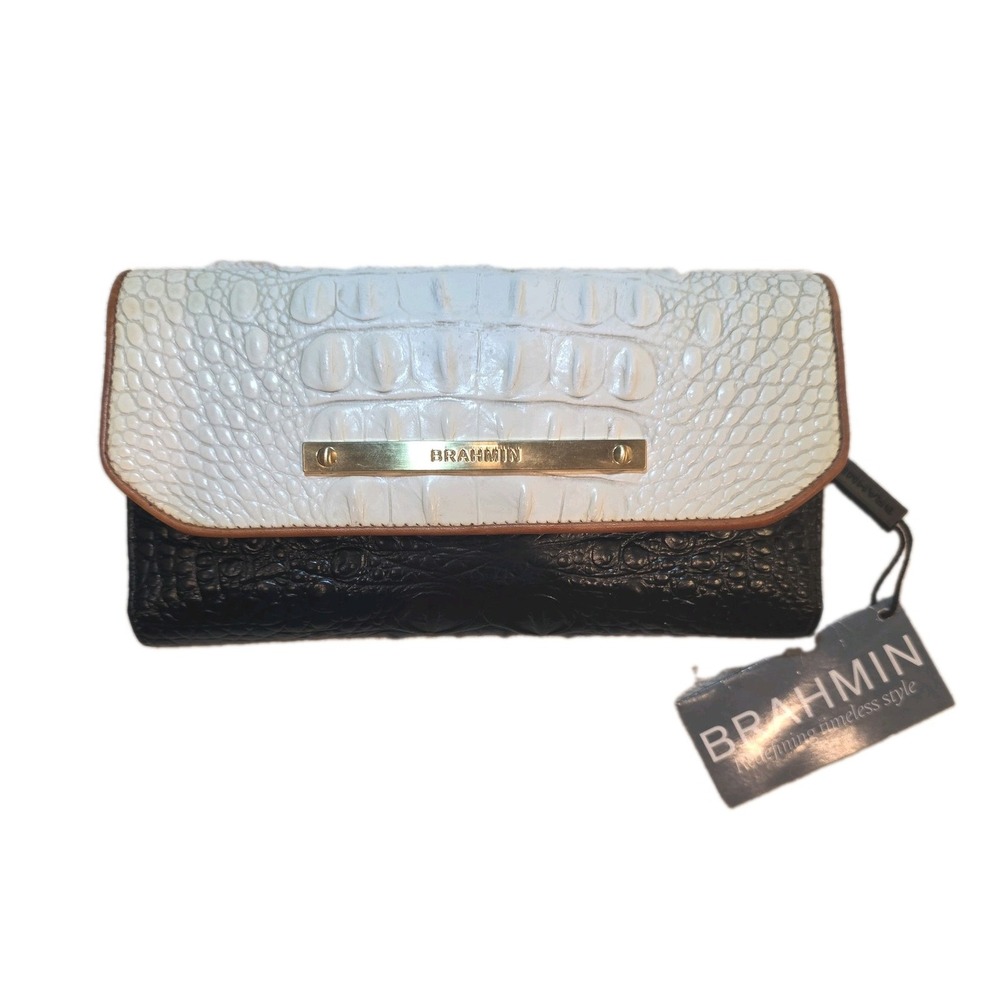 NEW BRAHMIN WALLET TRIFOLD TRI TEXTURE LEATHER SUGAR CROC BLACK WHITE EMBOSSED